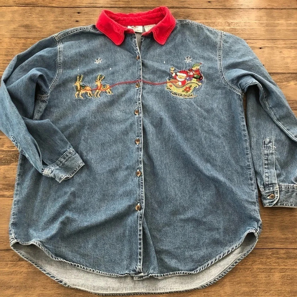 Vintage Nutcracker Denim Embroidered Christmas Santa Sleigh Bear Button Up Shirt - Picture 1 of 9